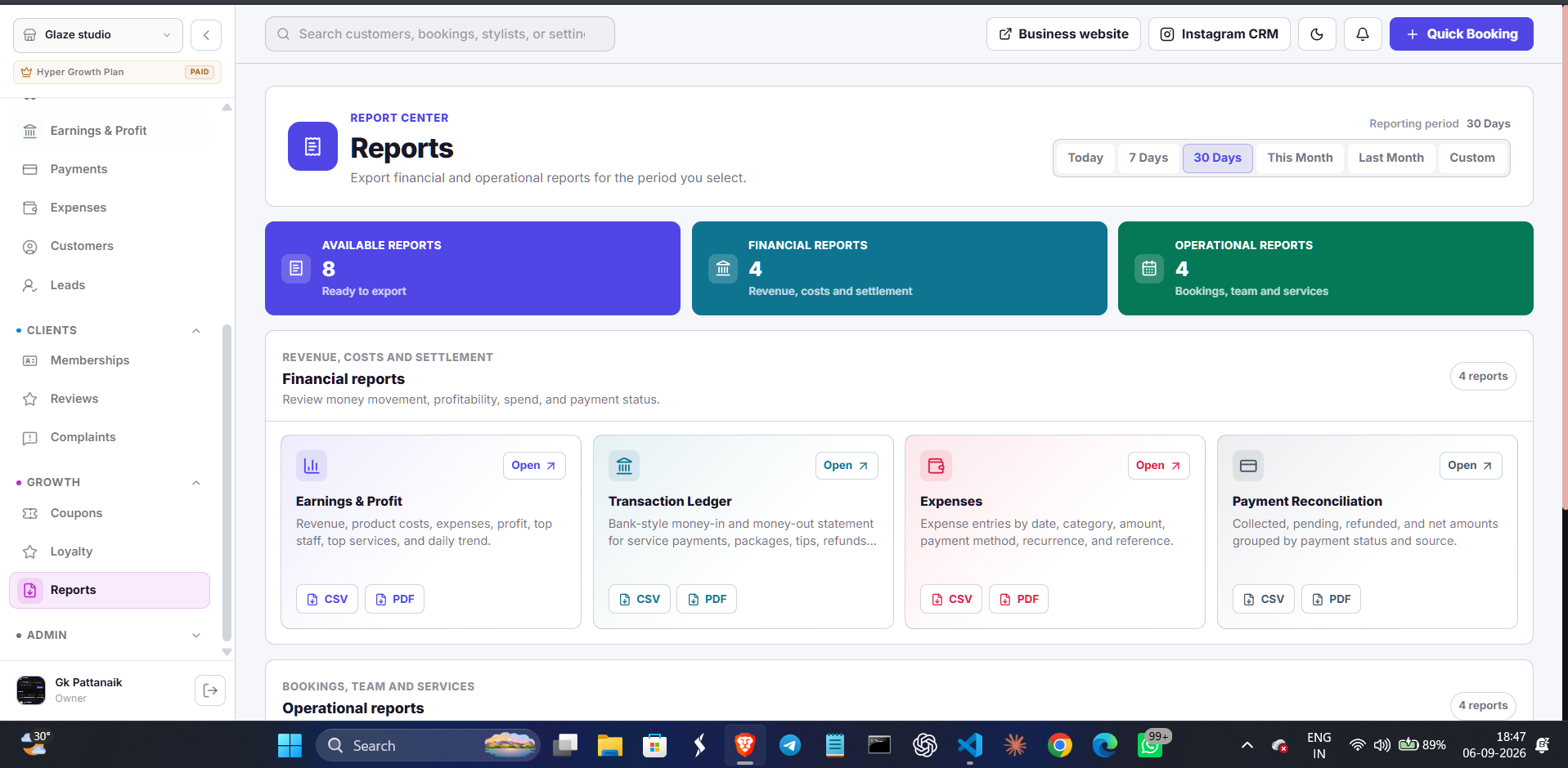 StyleCliq financial and operational reports dashboard